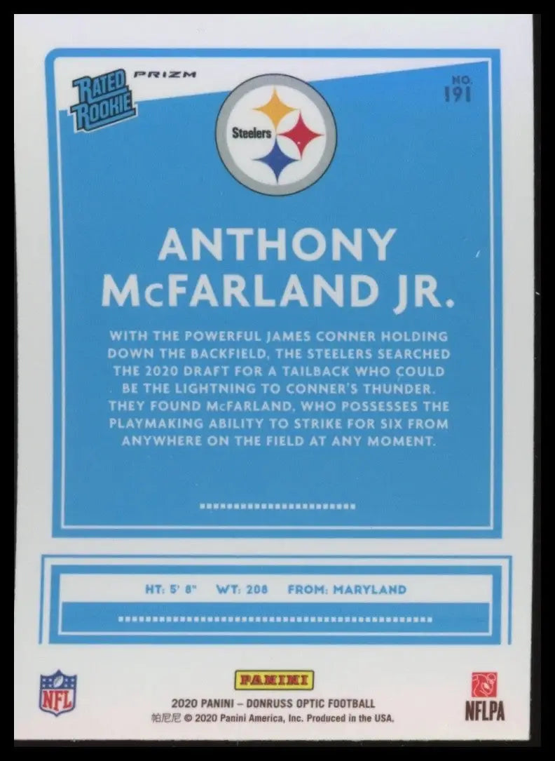 2020 Panini Donruss Optic Holo Rookie Anthony McFarland Jr #191 Steelers Card