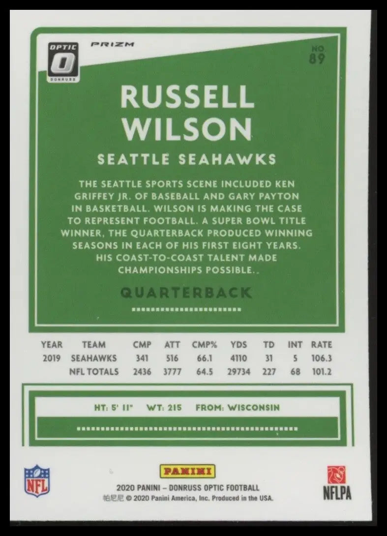 2020 Panini Donruss Optic Holo Russell Wilson #89 Seattle Seahawks Football Card - Football Card Single
