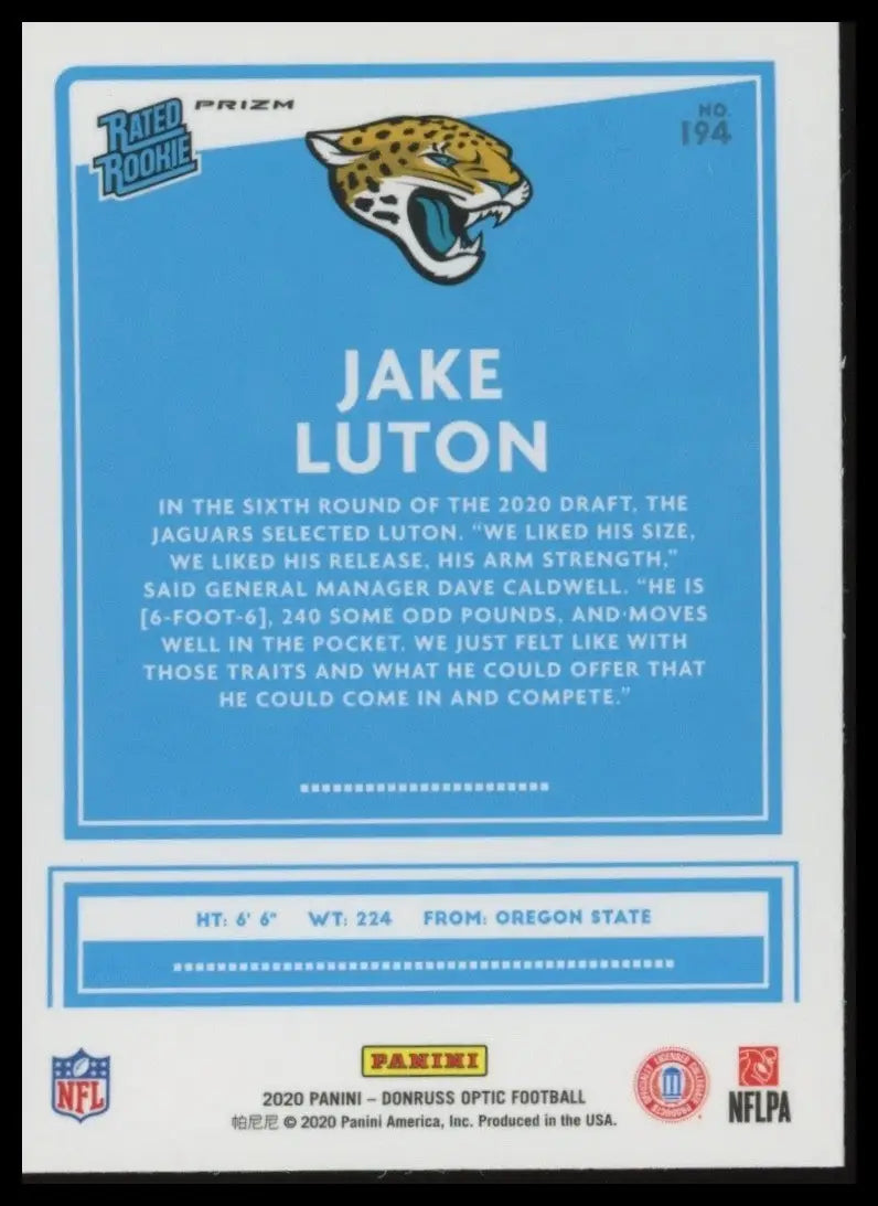 2020 Panini Donruss Optic Purple Shock Rookie Jake Luton #194 Jaguars Football - Football Card Single