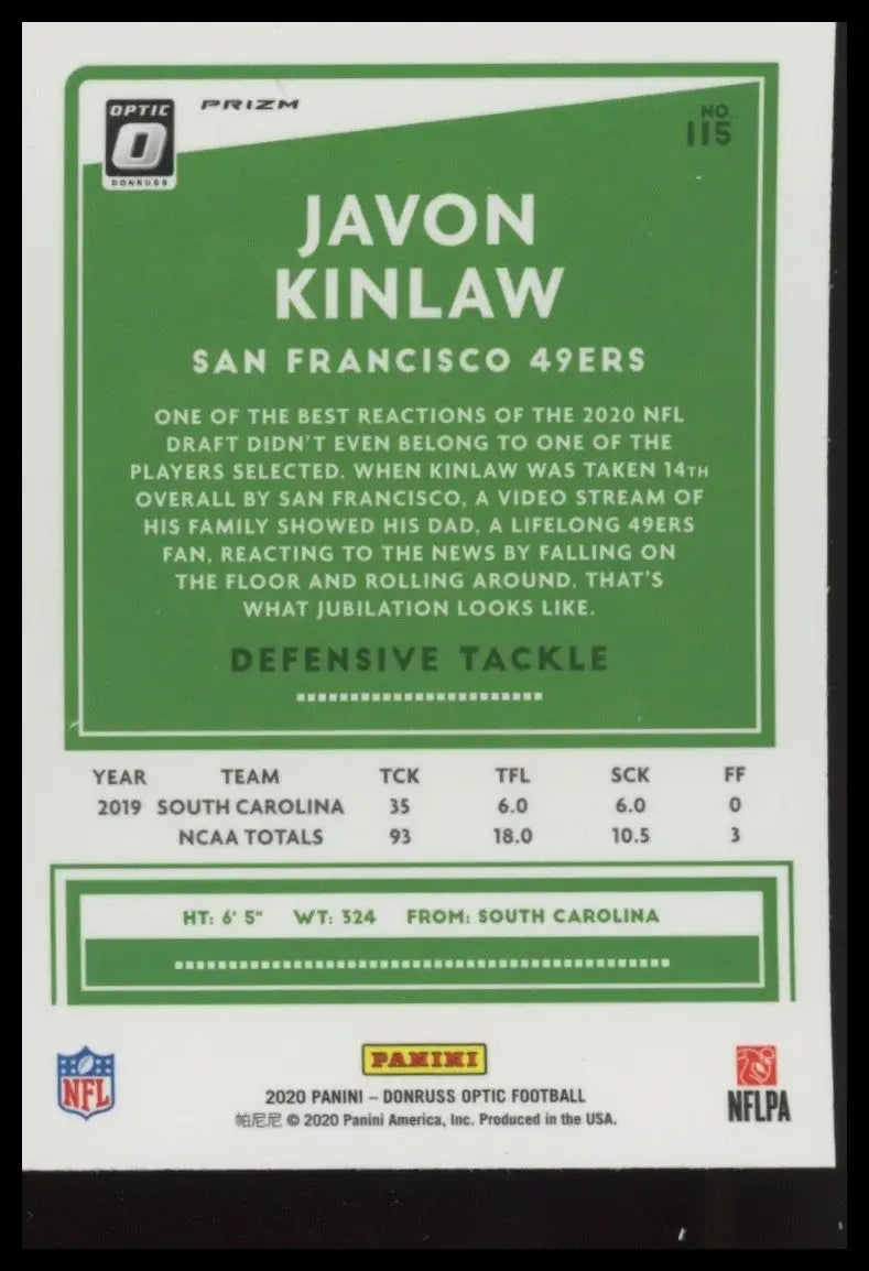 2020 Panini Donruss Optic Purple Shock Rookie Javon Kinlaw #115 San Francisco 49