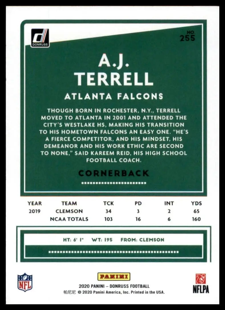 2020 Panini Donruss - Rookie A.J. Terrell #255 (RC) - Football Card Single