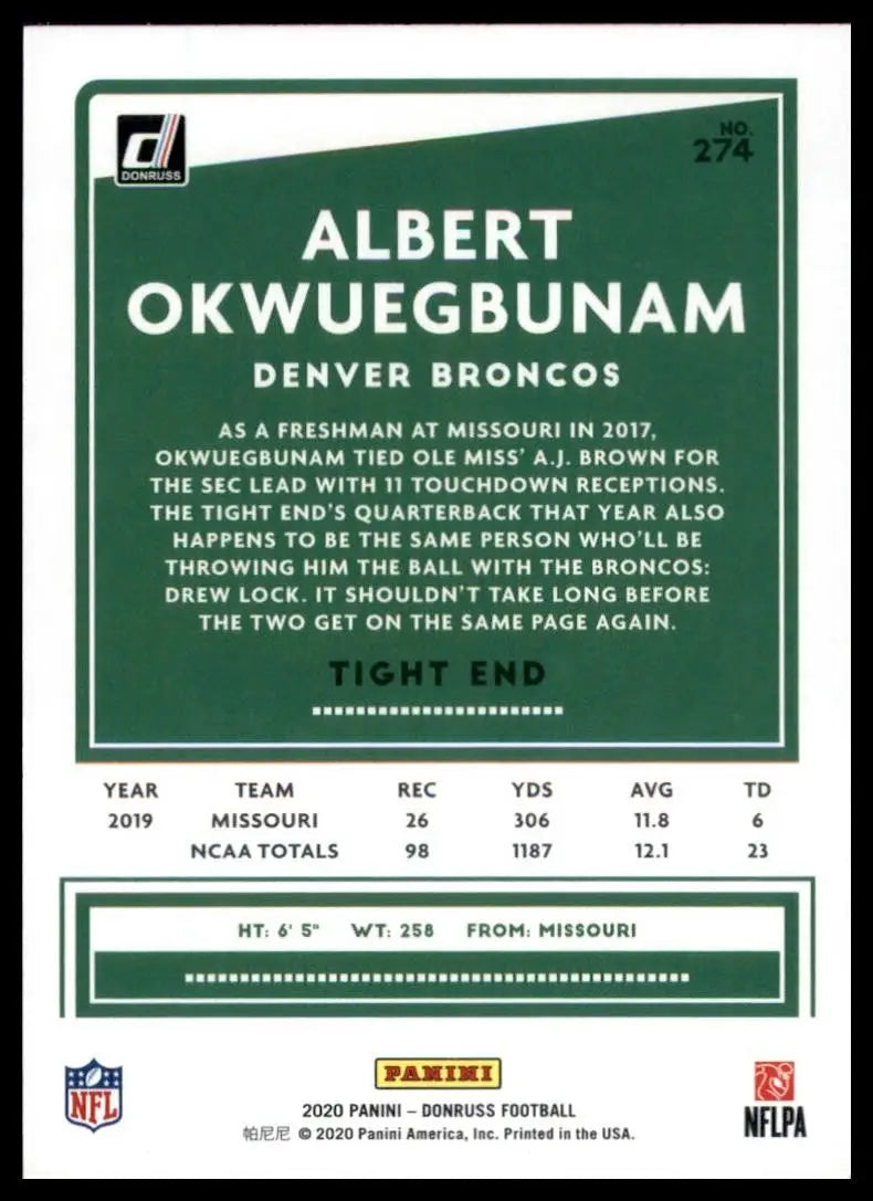 2020 Panini Donruss - Rookie Albert Okwuegbunam #274 (RC) - Football Card Single