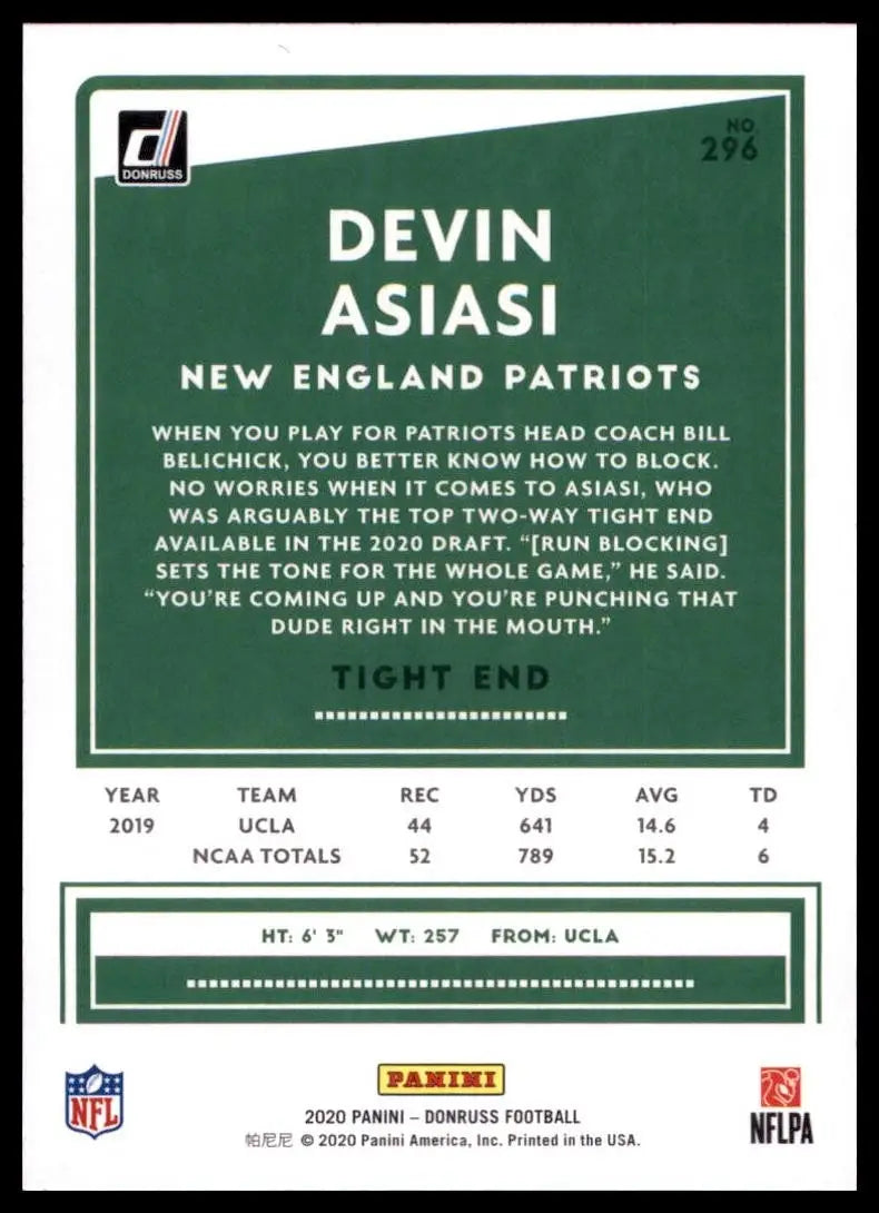 2020 Panini Donruss - Rookie Devin Asiasi #296 Press Proof Blue (RC) - Football Card Single