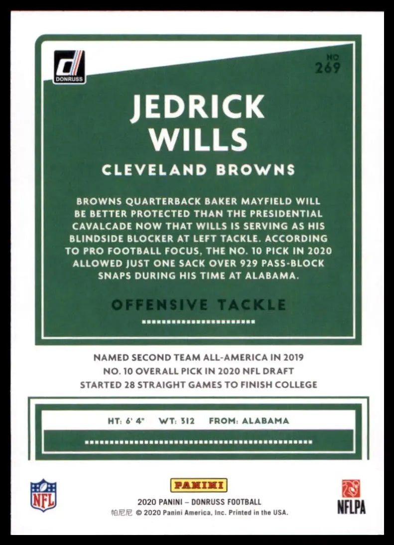2020 Panini Donruss - Rookie Jedrick Wills #269 Press Proof Blue (RC) - Football Card Single