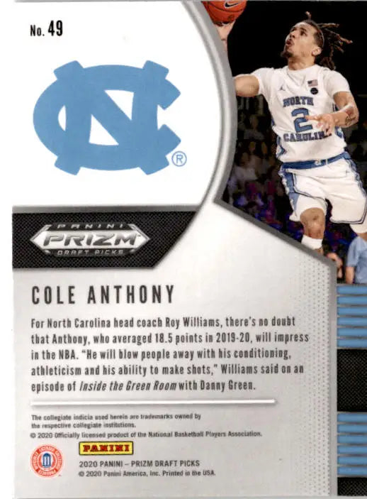 2020 Panini Prizm Draft Picks Collegiate #49 Cole Anthony - Basketball Card Single