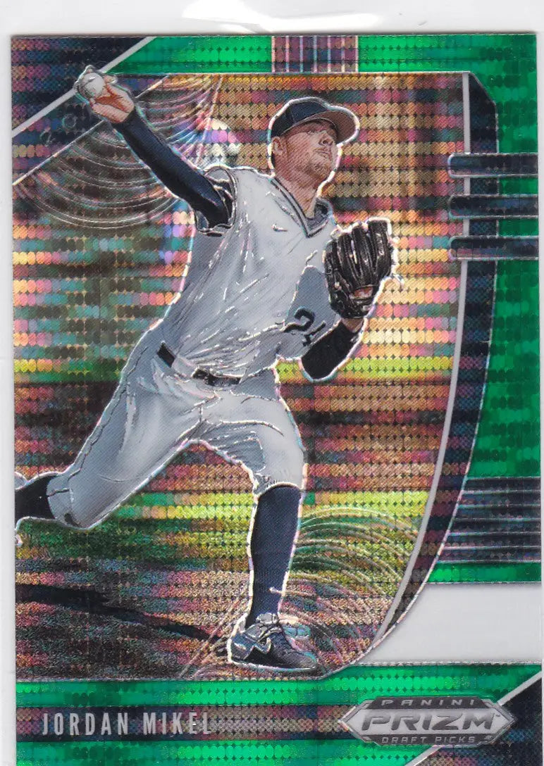 Green Prizm baseball card featuring Jordan Mikel pitching from Panini Prizm Draft Picks PDP161