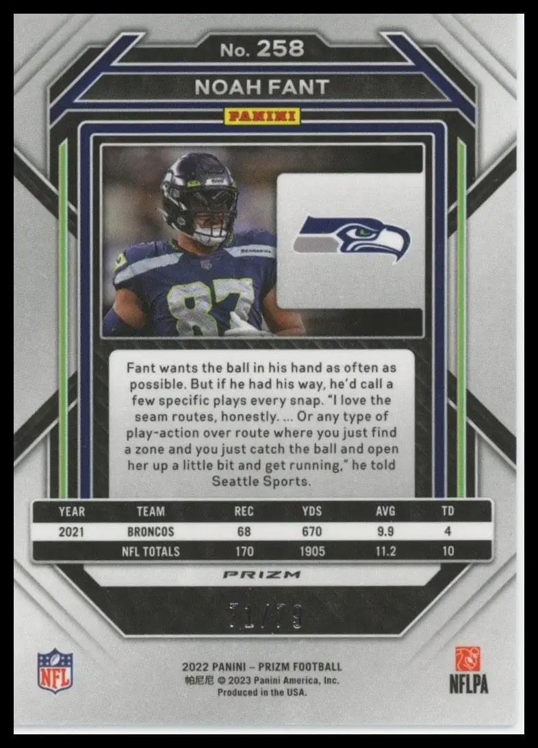2020 Panini Prizm No Huddle Blue /79 Noah Fant #258 Seattle Seahawks Football