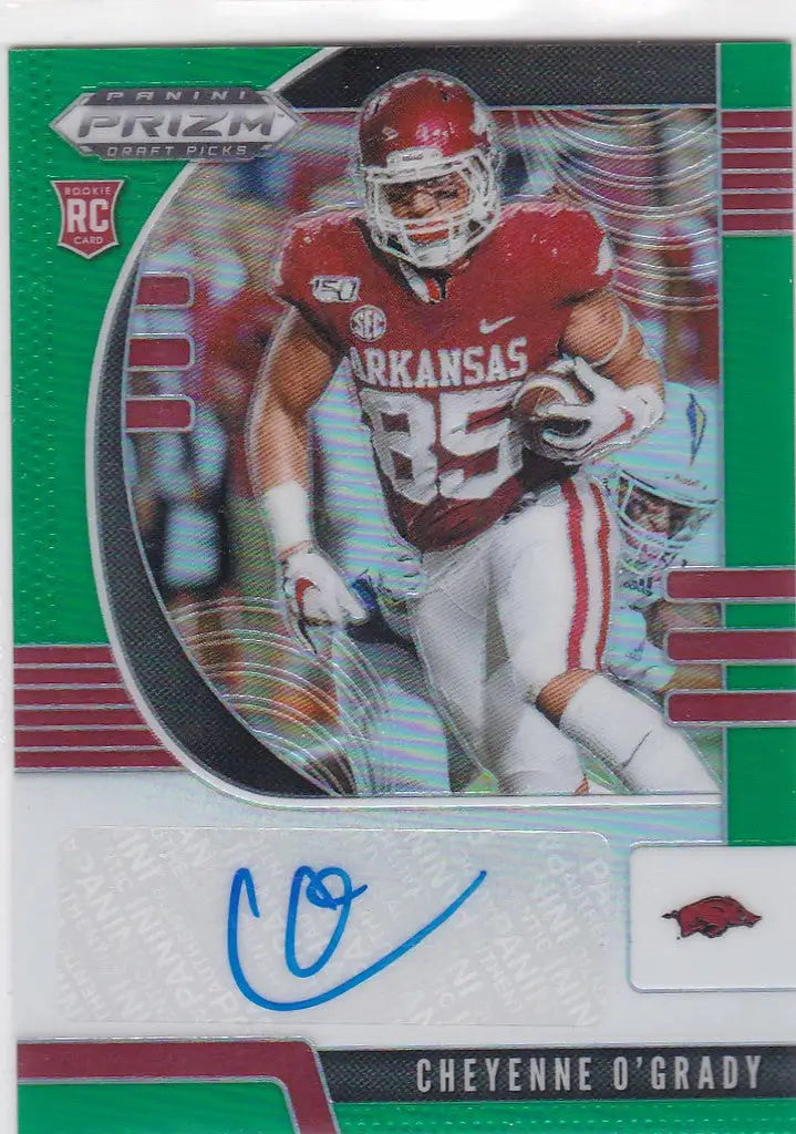 Football trading card of Arkansas Razorbacks rookie auto Cheyenne O’Grady from Prizm Draft