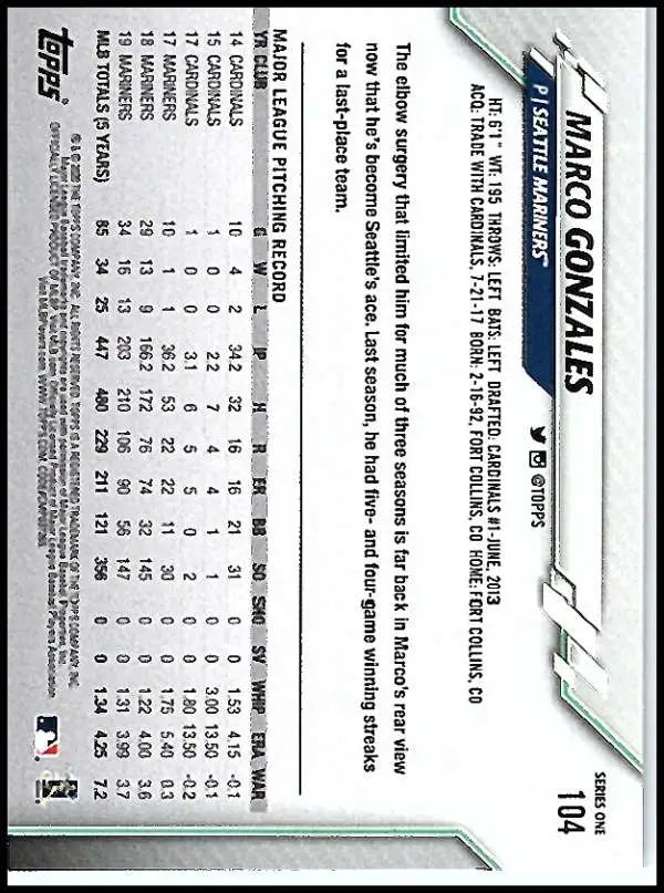 2020 Topps #104 Marco Gonzales NM-MT Seattle Mariners Baseball Card - Baseball Card Single