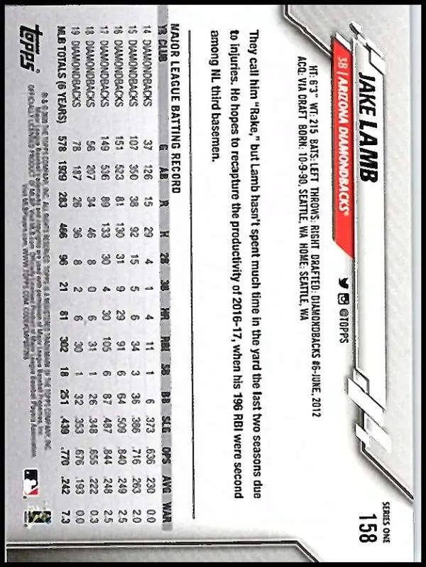 2020 Topps #158 Jake Lamb NM-MT Arizona Diamondbacks Baseball Card - Baseball Card Single