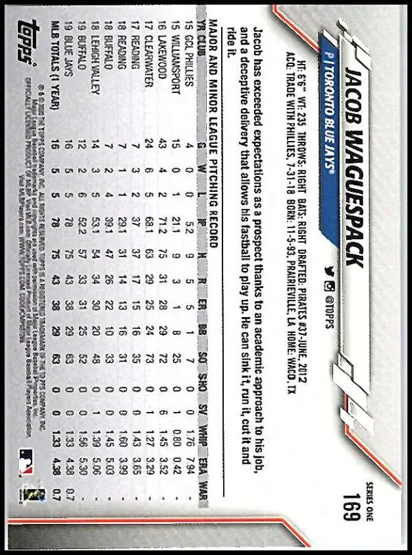 2020 Topps #169 Jacob Waguespack NM-MT RC Rookie Toronto Blue Jays Baseball Card - Baseball Card Single