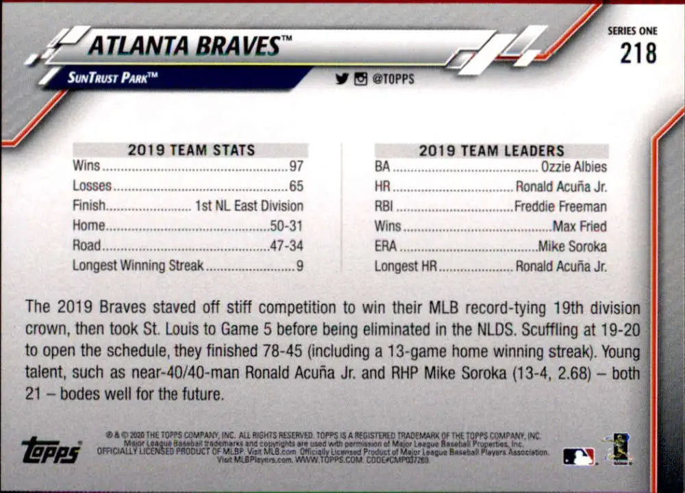 2020 Topps #218 Atlanta Braves NM-MT Baseball Card - Baseball Card Single