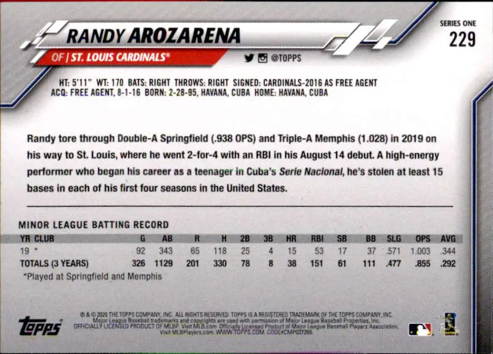 2020 Topps #229 Randy Arozarena NM-MT RC Rookie St. Louis Cardinals Baseball Card - Baseball Card Single