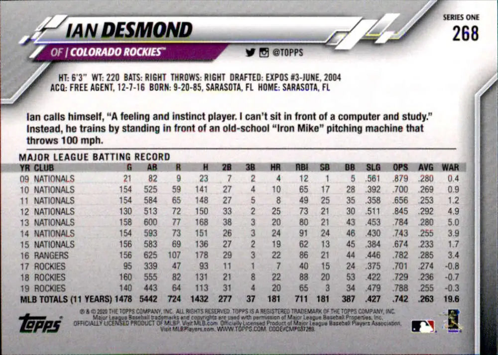 2020 Topps #268 Ian Desmond NM-MT Colorado Rockies Baseball Card