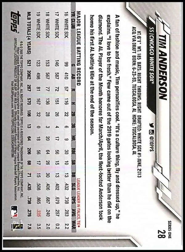 2020 Topps #28 Tim Anderson NM-MT Chicago White Sox Baseball Card - Baseball Card Single