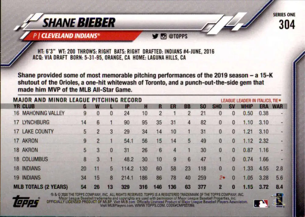 2020 Topps #304 Shane Bieber NM-MT Cleveland Indians Baseball Card - Baseball Card Single