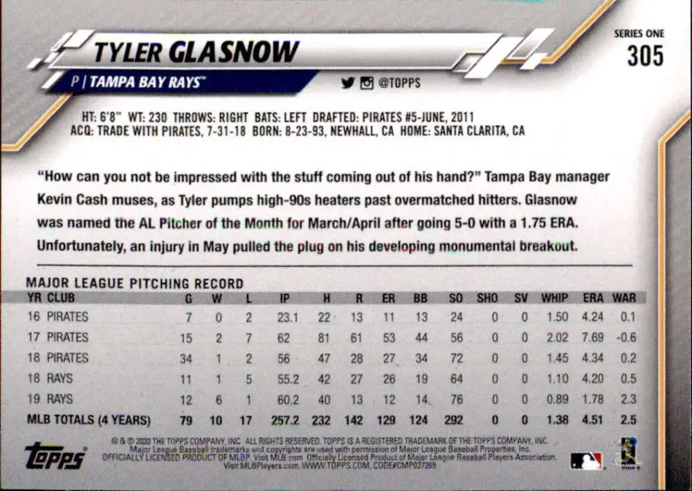 2020 Topps #305 Tyler Glasnow NM-MT Tampa Bay Rays Baseball Card - Baseball Card Single