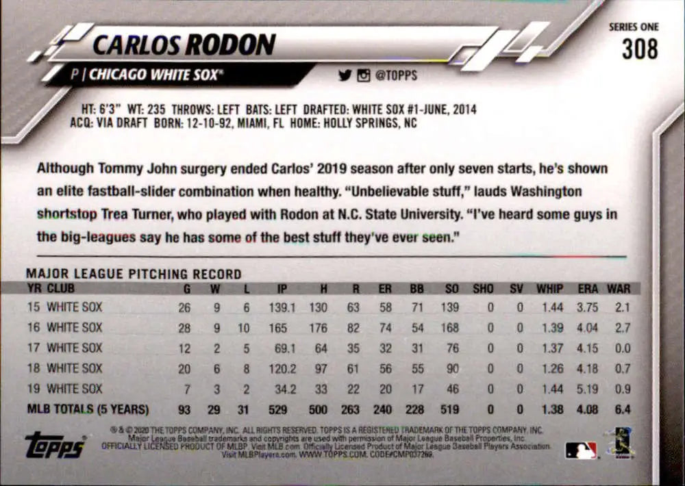 2020 Topps #308 Carlos Rodon NM-MT Chicago White Sox Baseball Card - Baseball Card Single