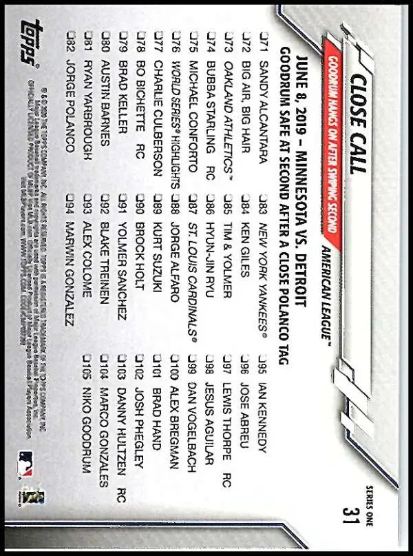 2020 Topps #31 Close Call NM-MT Baseball Card - Baseball Card Single