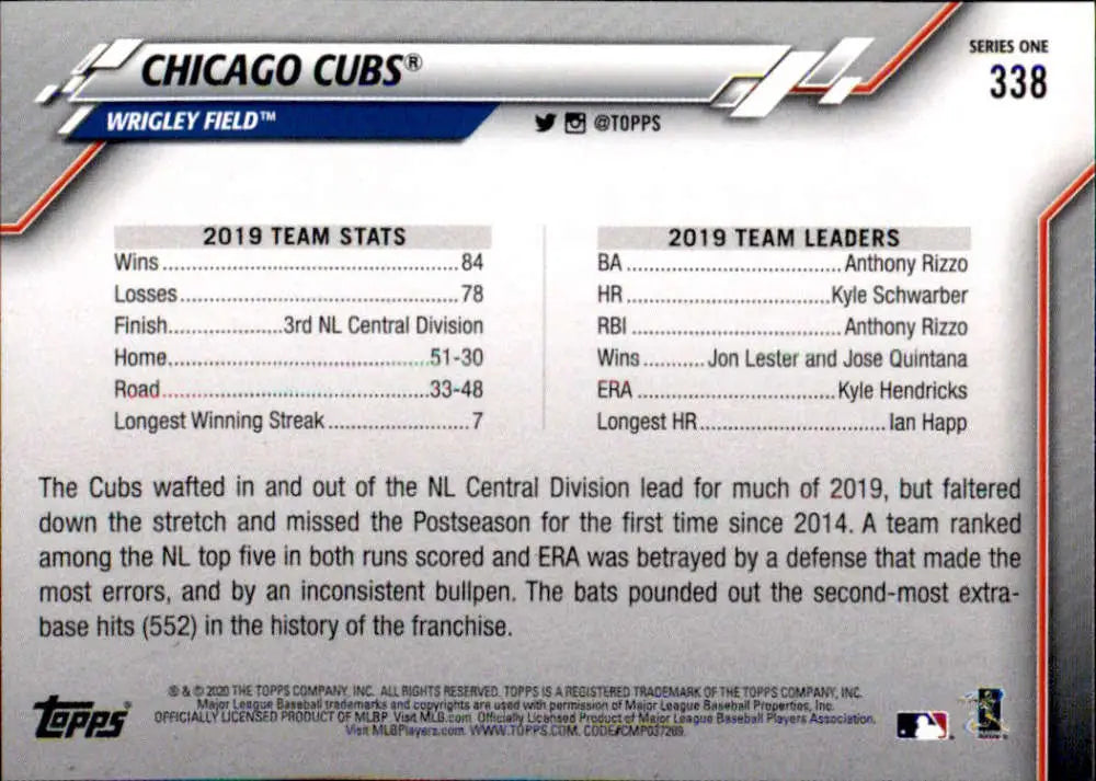 2020 Topps #338 Chicago Cubs NM-MT Baseball Card - Baseball Card Single
