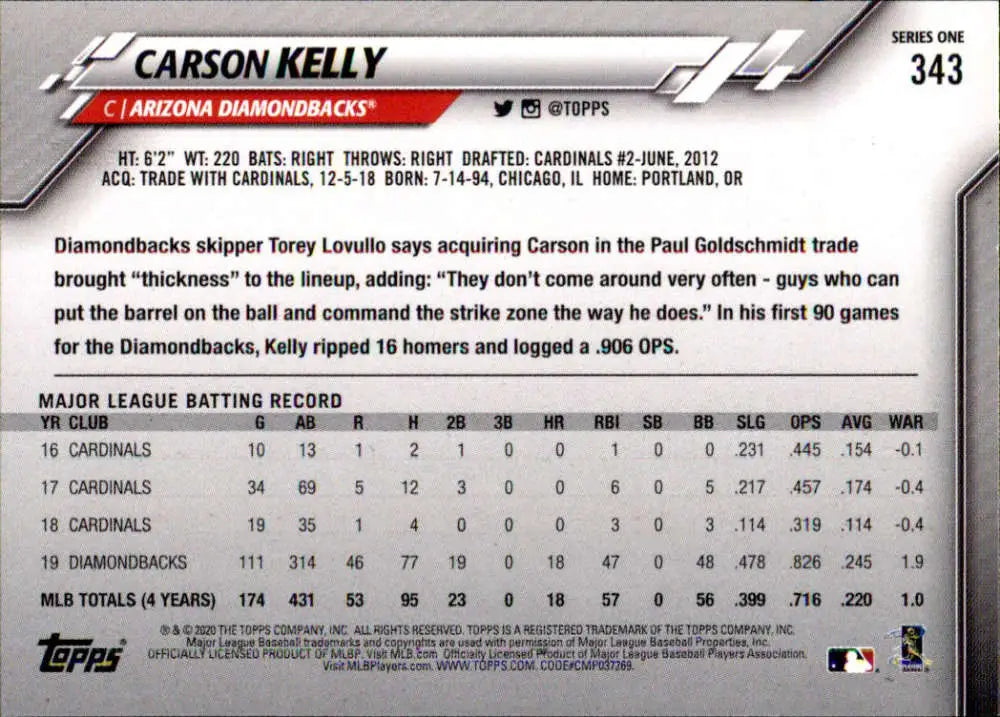 2020 Topps #343 Carson Kelly NM-MT Arizona Diamondbacks Baseball Card - Baseball Card Single