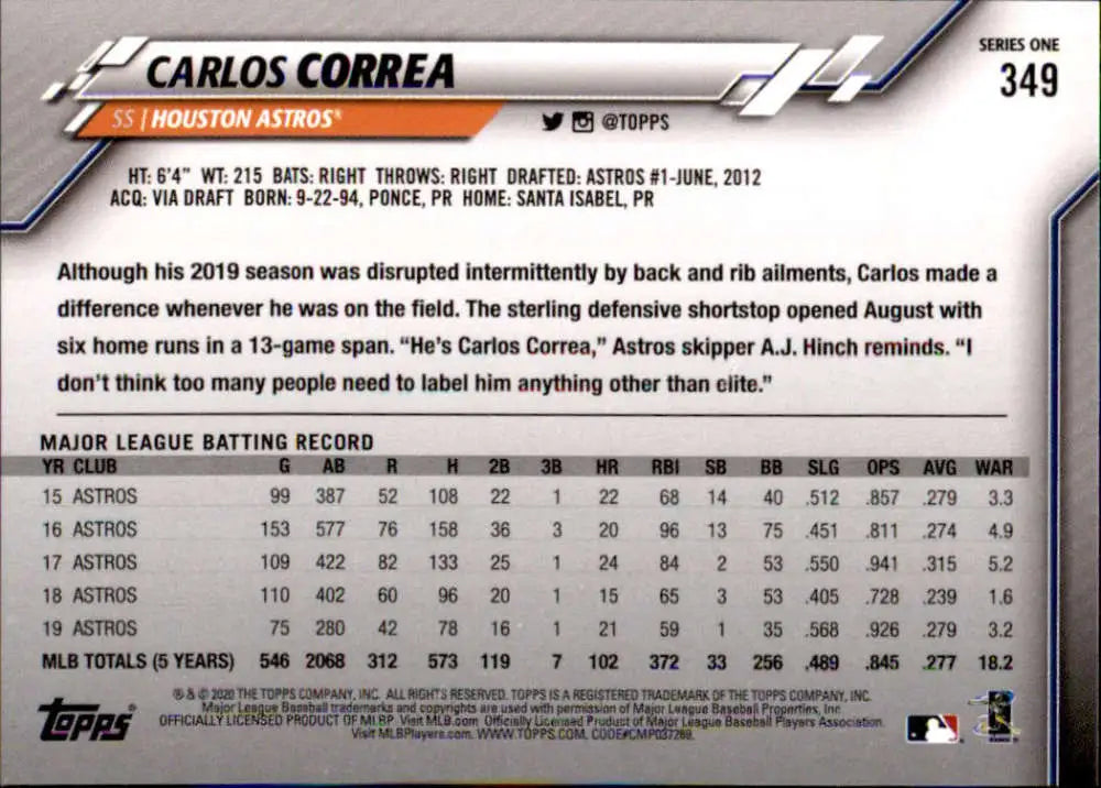 2020 Topps #349 Carlos Correa NM-MT Houston Astros Baseball Card - Baseball Card Single