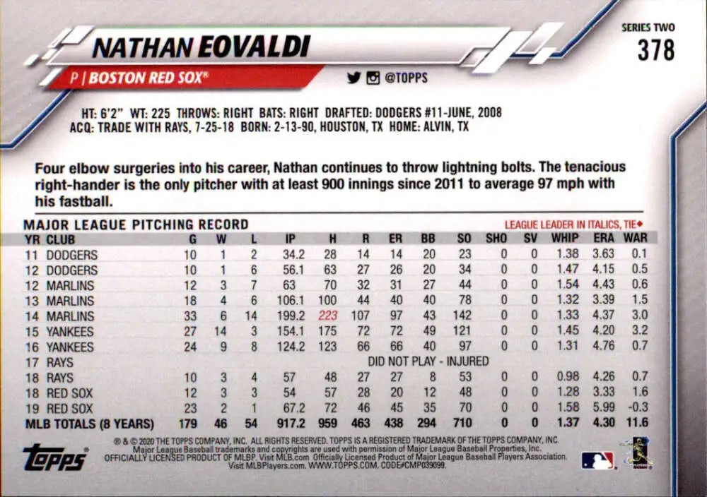 2020 Topps #378 Nathan Eovaldi NM-MT Boston Red Sox Baseball Card - Baseball Card Single