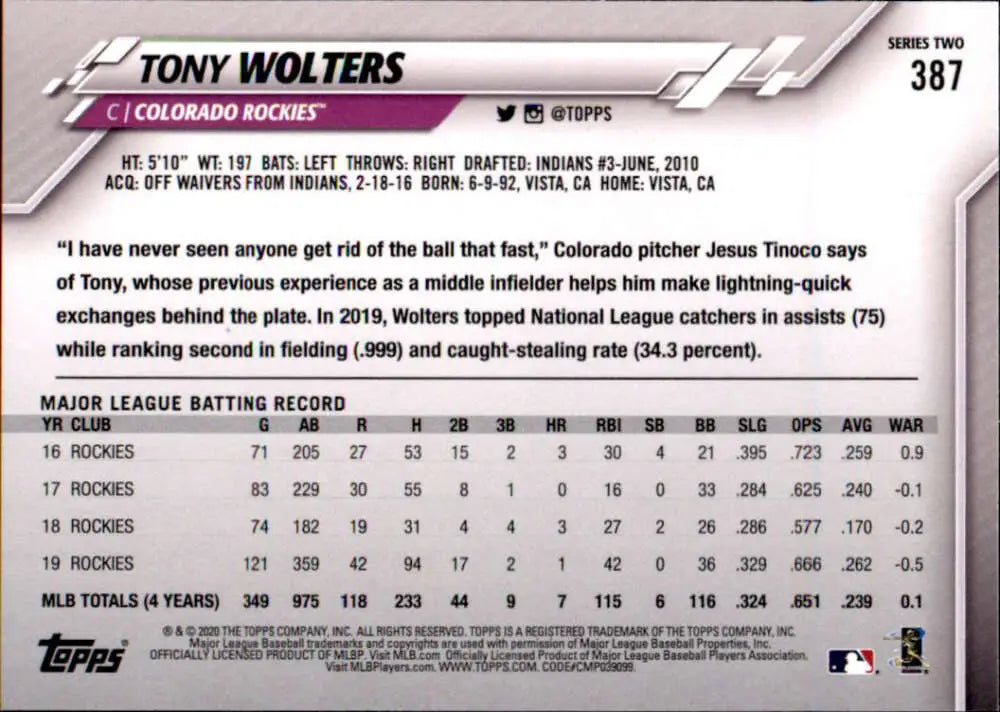 2020 Topps #387 Tony Wolters NM-MT Colorado Rockies Baseball Card - Baseball Card Single