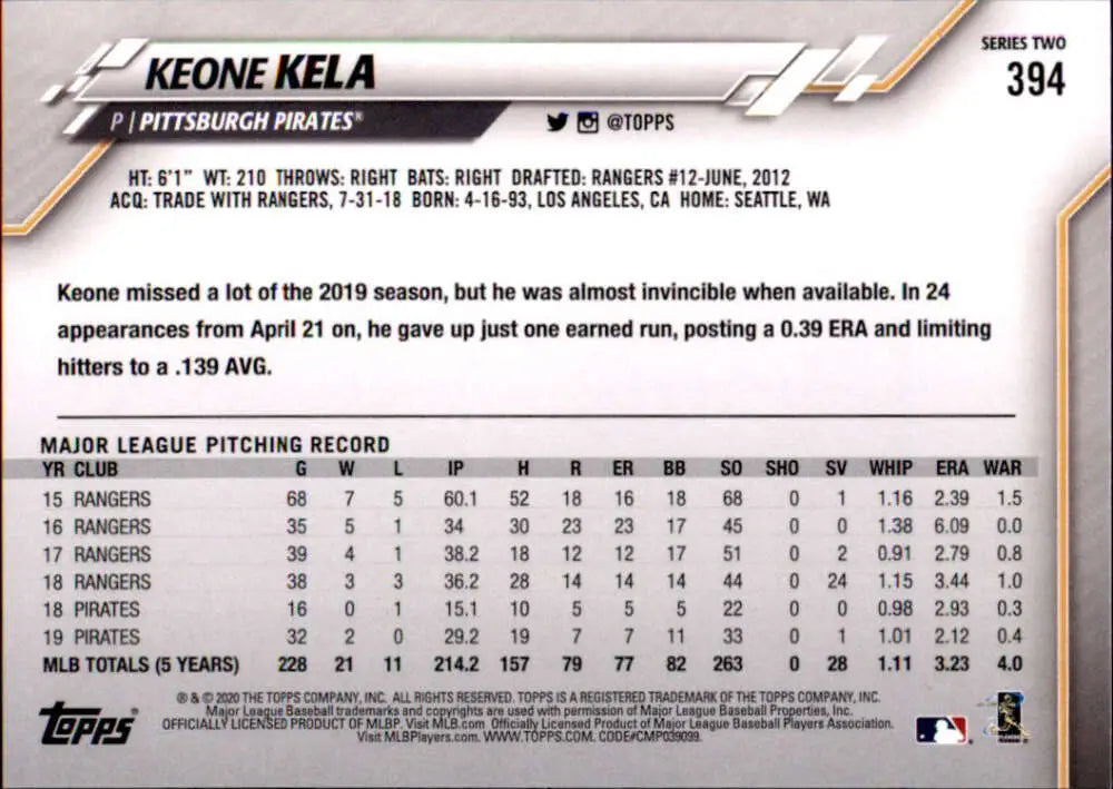 2020 Topps #394 Keone Kela NM-MT Pittsburgh Pirates Baseball Card - Baseball Card Single