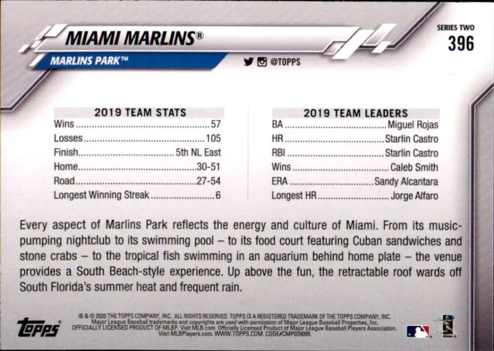 2020 Topps #396 Miami Marlins NM-MT Miami Marlins Baseball Card - Baseball Card Single