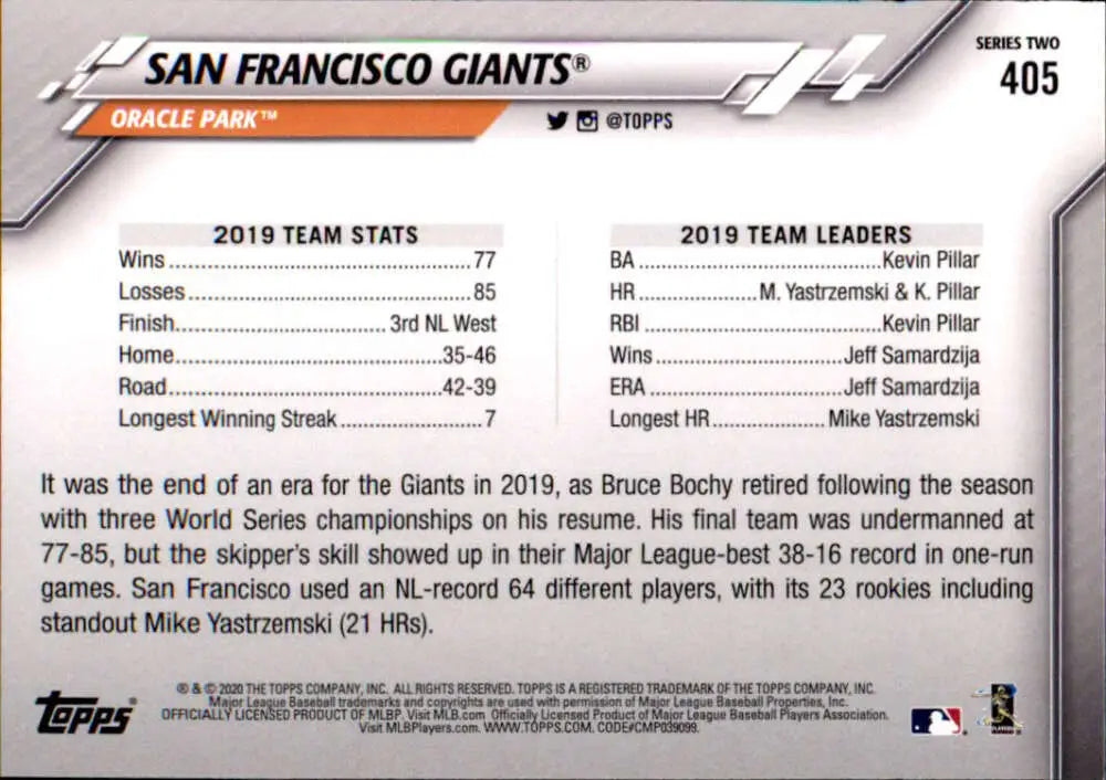 2020 Topps #405 San Francisco Giants NM-MT San Francisco Giants Baseball Card - Baseball Card Single