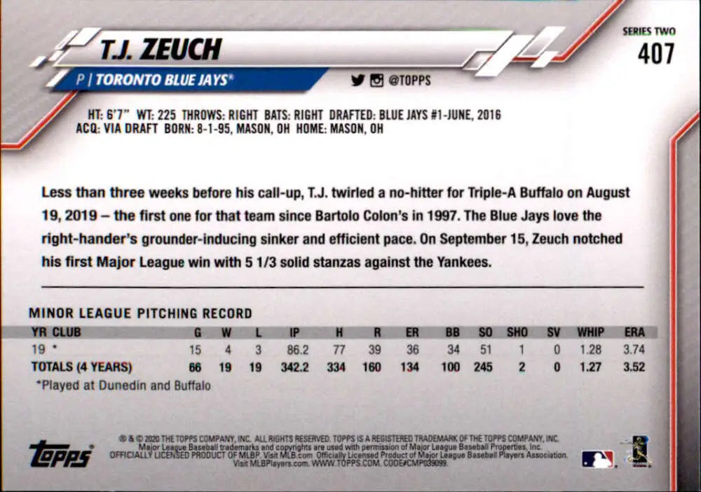 2020 Topps #407 T.J. Zeuch NM-MT RC Rookie Toronto Blue Jays Baseball Card - Baseball Card Single
