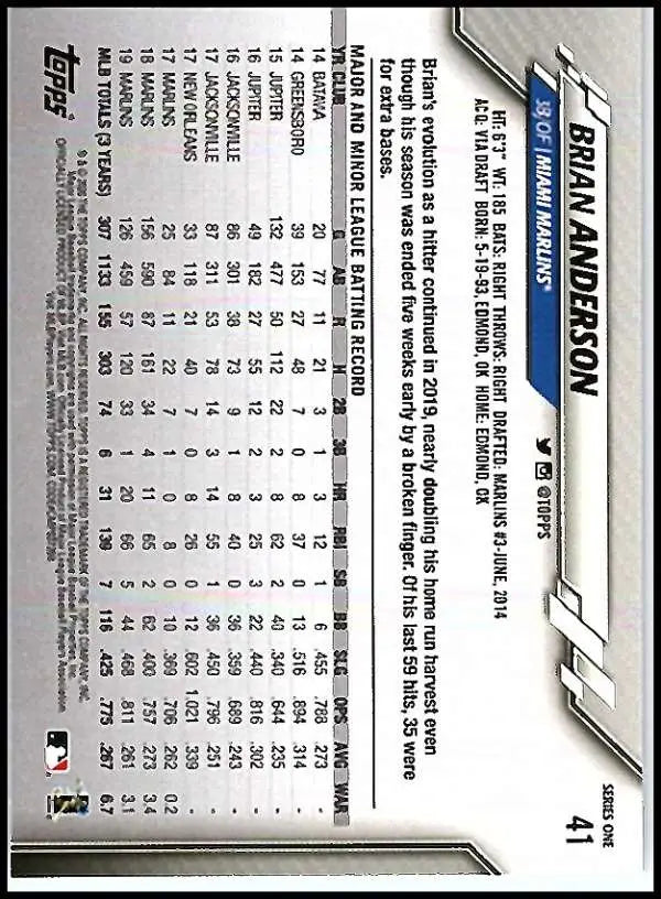 2020 Topps #41 Brian Anderson NM-MT Miami Marlins Baseball Card - Baseball Card Single