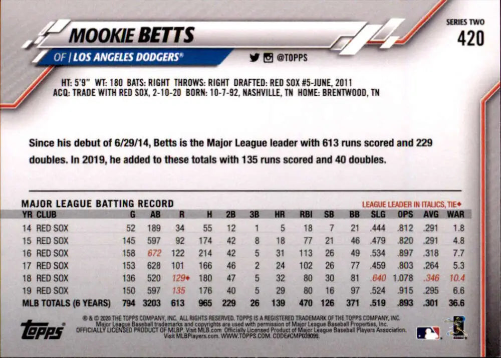 2020 Topps #420 Mookie Betts NM-MT Los Angeles Dodgers Baseball Card - Baseball Card Single