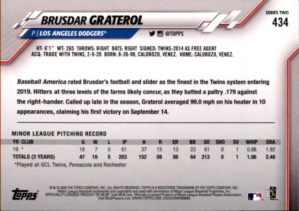 2020 Topps #434 Brusdar Graterol NM-MT RC Rookie Los Angeles Dodgers Baseball Card - Baseball Card Single
