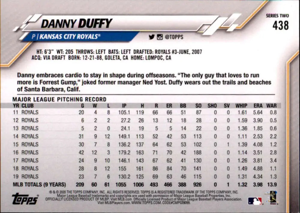 2020 Topps #438 Danny Duffy NM-MT Kansas City Royals Baseball Card - Baseball Card Single