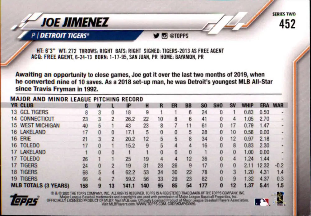 2020 Topps #452 Joe Jimenez NM-MT Detroit Tigers Baseball Card - Baseball Card Single