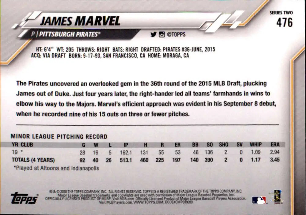2020 Topps #476 James Marvel NM-MT RC Rookie Pittsburgh Pirates Baseball Card - Baseball Card Single