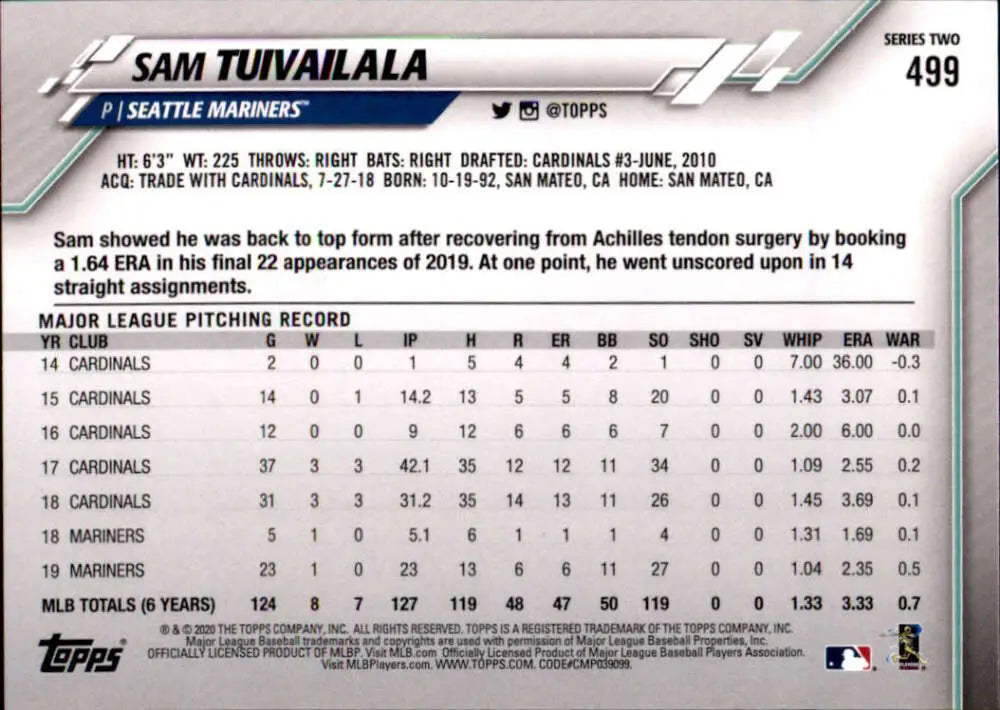 2020 Topps #499 Sam Tuivailala NM-MT Seattle Mariners Baseball Card - Baseball Card Single
