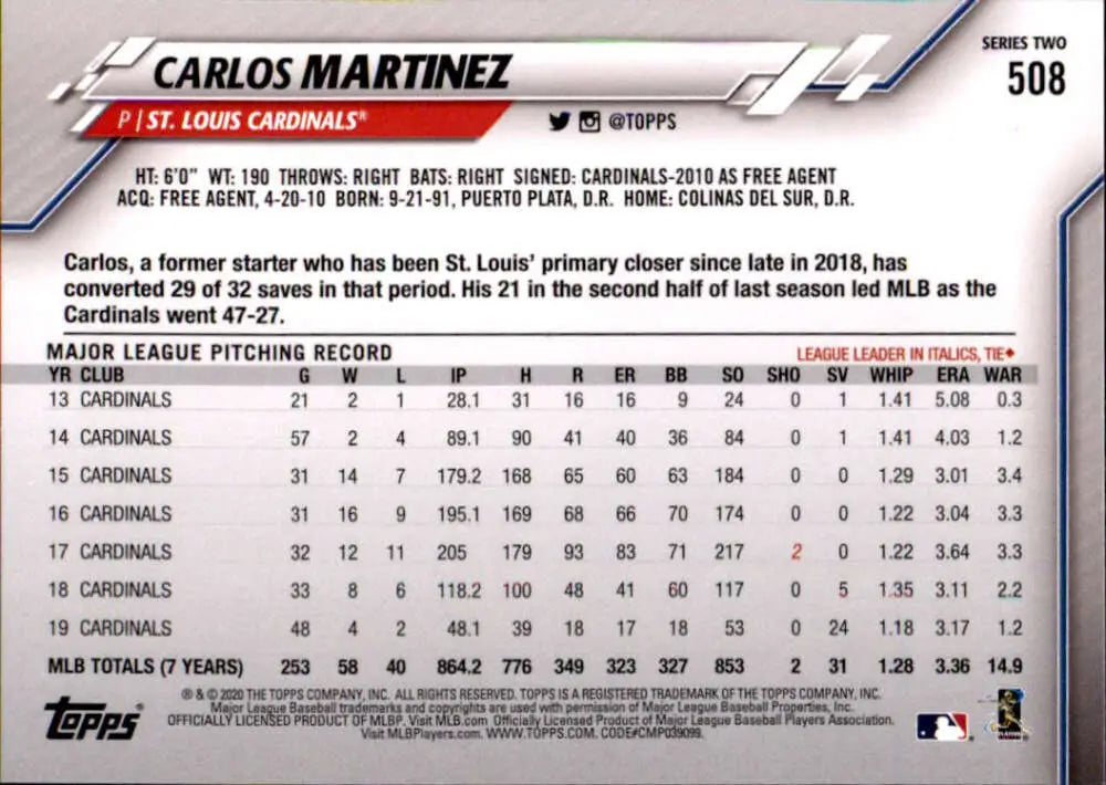 2020 Topps #508 Carlos Martinez NM-MT St. Louis Cardinals Baseball Card - Baseball Card Single