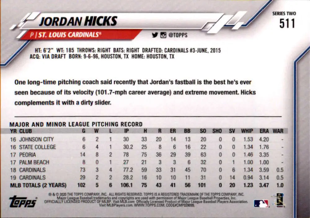2020 Topps #511 Jordan Hicks NM-MT St. Louis Cardinals Baseball Card - Baseball Card Single