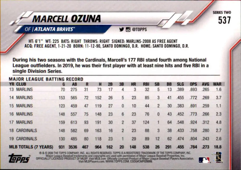 2020 Topps #537 Marcell Ozuna NM-MT Atlanta Braves Baseball Card - Baseball Card Single