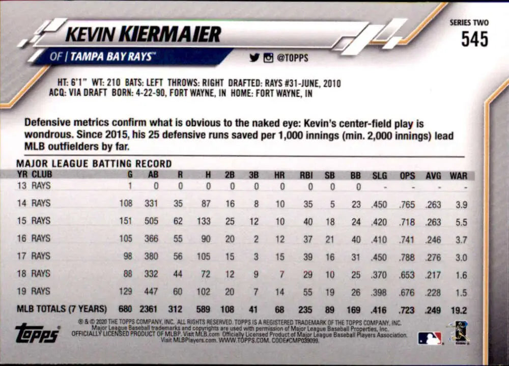 2020 Topps #545 Kevin Kiermaier NM-MT Tampa Bay Rays Baseball Card - Baseball Card Single
