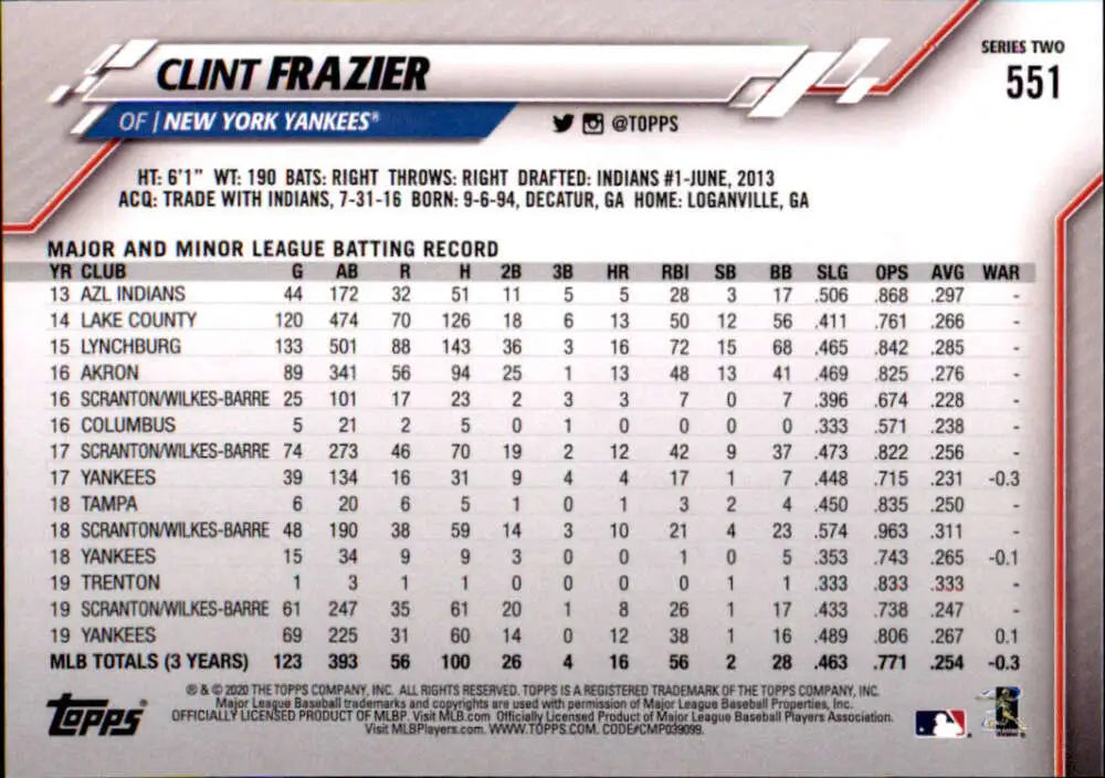 2020 Topps #551 Clint Frazier NM-MT New York Yankees Baseball Card - Baseball Card Single