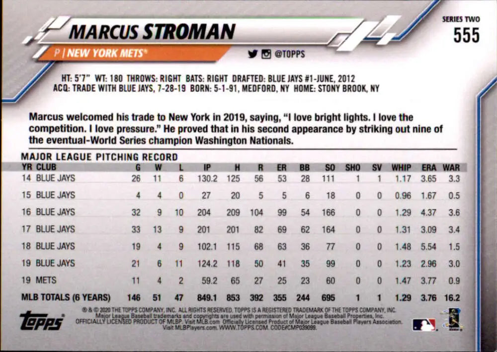 2020 Topps #555 Marcus Stroman NM-MT New York Mets Baseball Card - Baseball Card Single