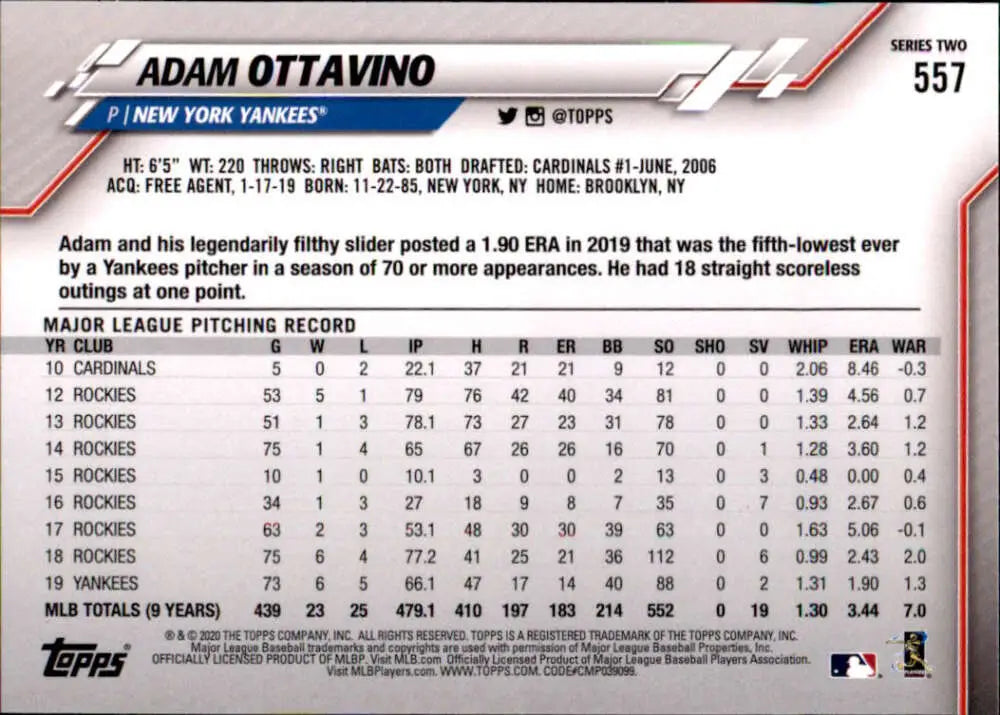 2020 Topps #557 Adam Ottavino NM-MT New York Yankees Baseball Card - Baseball Card Single