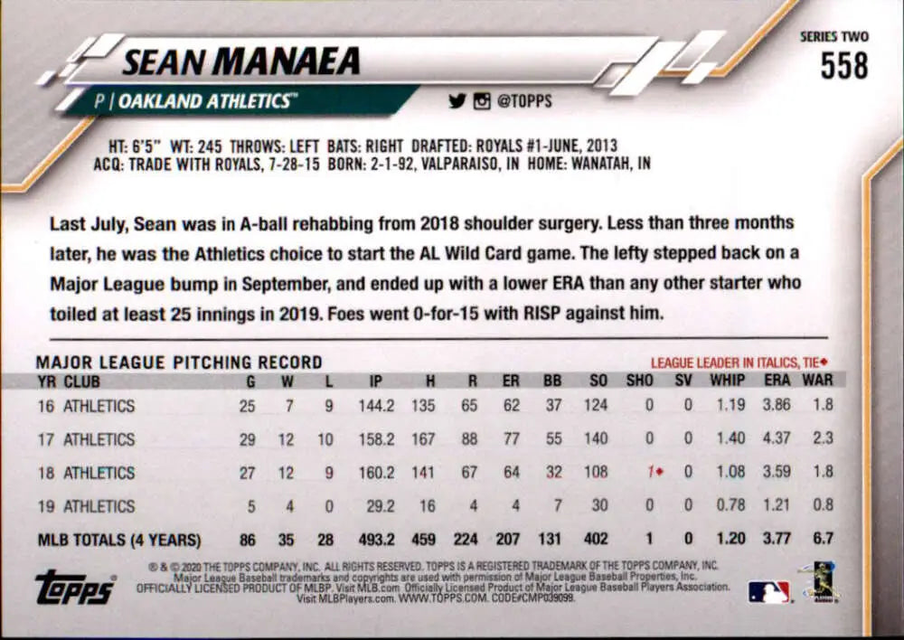 2020 Topps #558 Sean Manaea NM-MT Oakland Athletics Baseball Card - Baseball Card Single