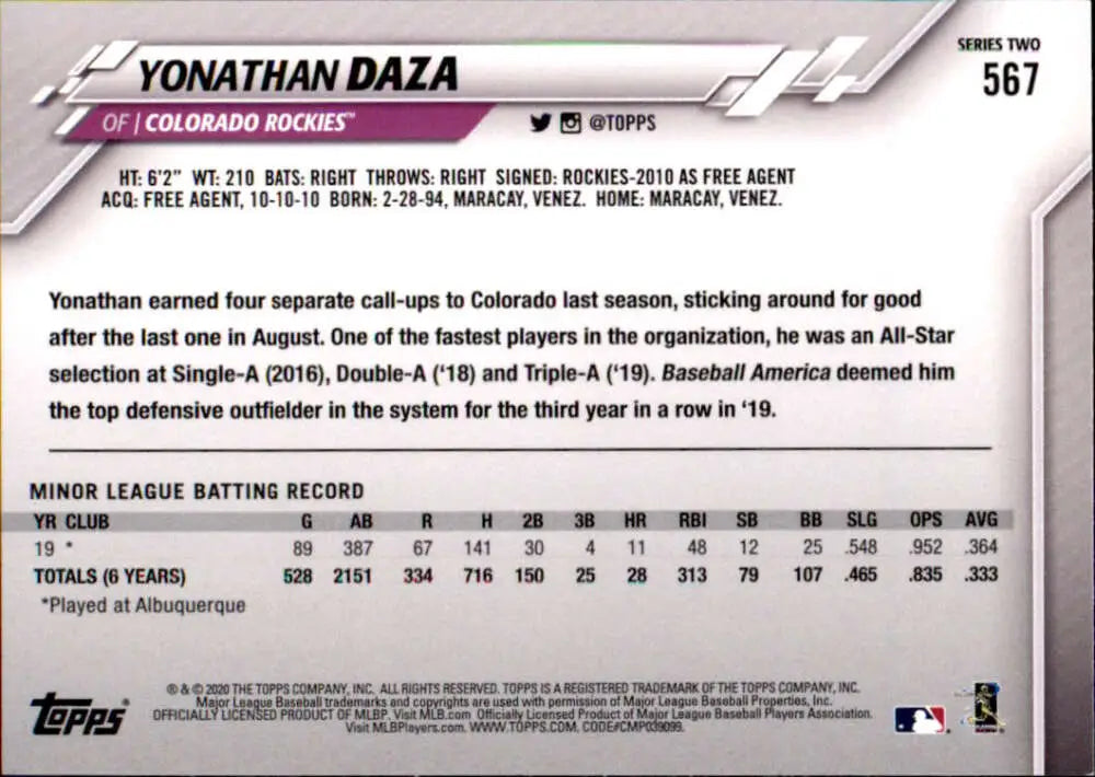2020 Topps #567 Yonathan Daza NM-MT RC Rookie Colorado Rockies Baseball Card - Baseball Card Single
