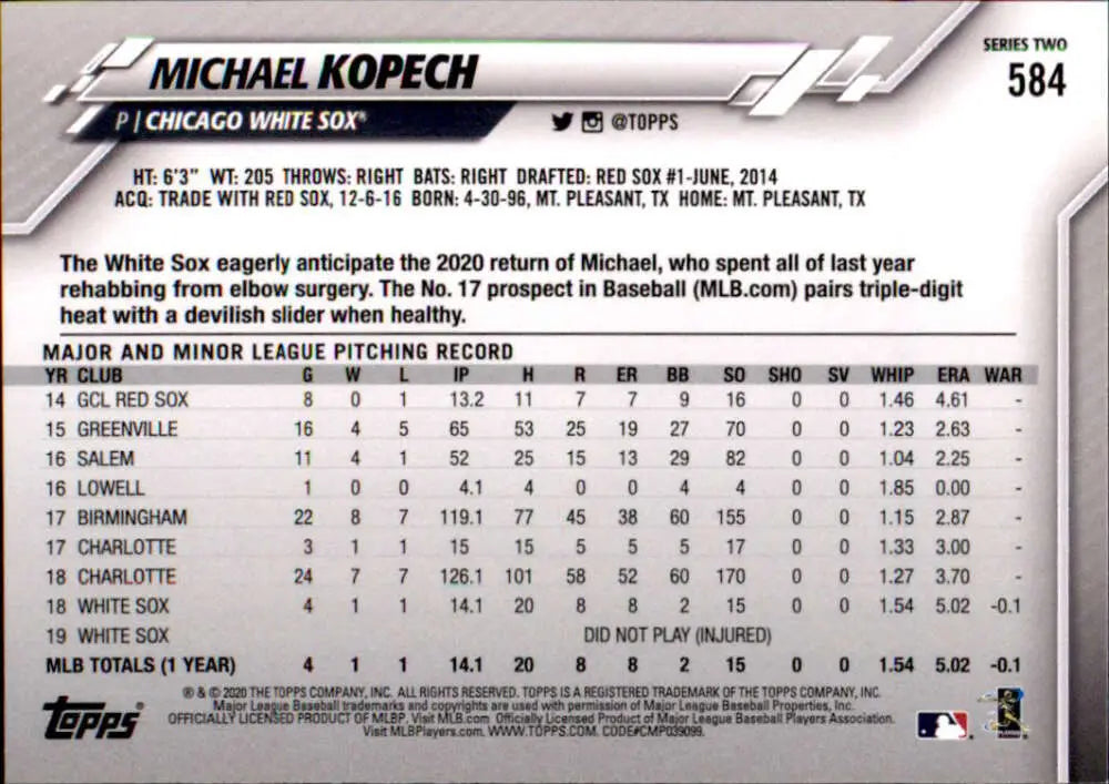 2020 Topps #584 Michael Kopech NM-MT Chicago White Sox Baseball Card - Baseball Card Single
