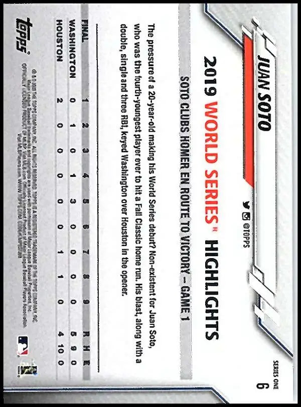 2020 Topps #6 Juan Soto NM-MT Washington Nationals Baseball Card - Baseball Card Single